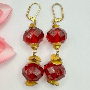 Vintage Red Glass Romantic Dramatic Dangle Earrings Gold Tone Heavy Quality Long